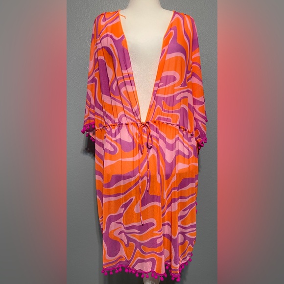 Body Glove Other - Body Glove Beach Cover Up Dress Orange Pink Psychedelic Pom Pom Trim Mod Large